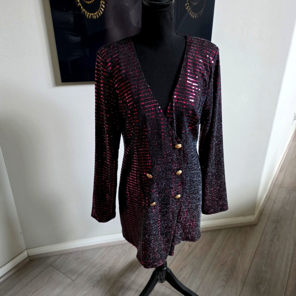 Elegant Sequin Long Sleeve Dress - Black and Pink